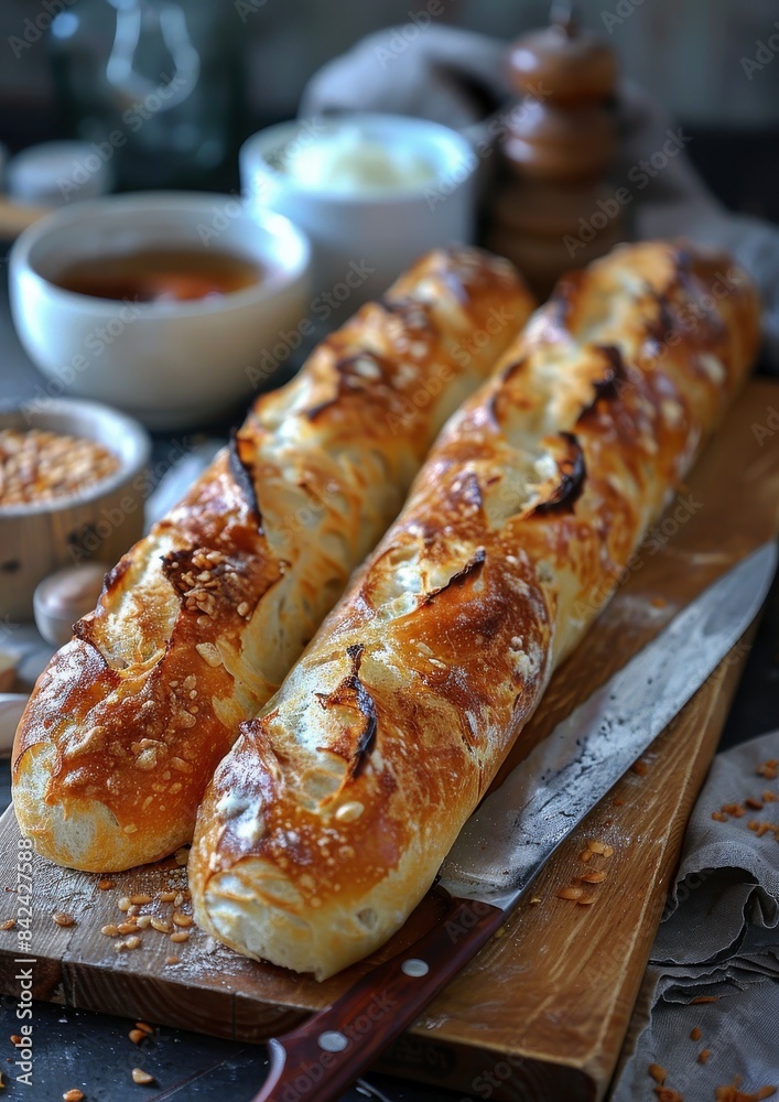 Baguette A classic French baguette, crispy and golden on the outside, soft and airy on the inside. Displayed on a wooden cutting board with a bread knife. Baguette A classic French baguette, crispy and golden on the outside, soft and airy on the inside. Displayed on a wooden cutting board with a bread knife.