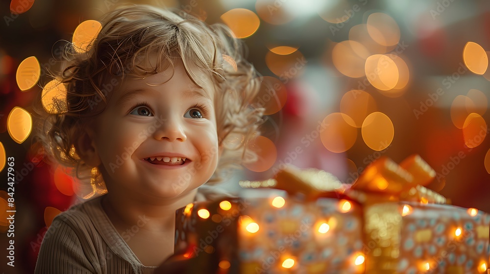 A child with an expression of pure joy, tearing into a brightly wrapped present A child with an expression of pure joy, tearing into a brightly wrapped present