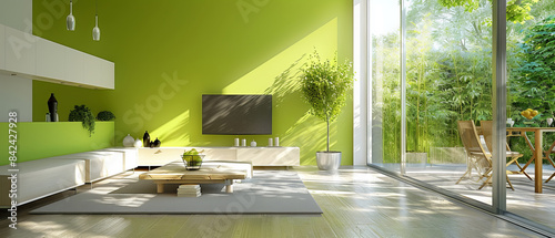 Solid lime green wall in a modern dining area with minimal furnishings, ultraclear photo