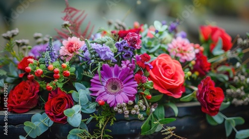 Coffin with a flower arrangement close up  funeral arrangement