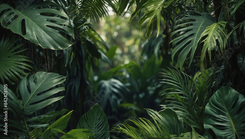 Tropical forest background  jungle background with a border made of tropical leaves with space in the center  copy space. 