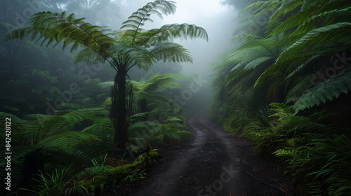 Road in the jungle fog. Beautiful jungle in the fog. Wild tropical nature. Mystical forest.