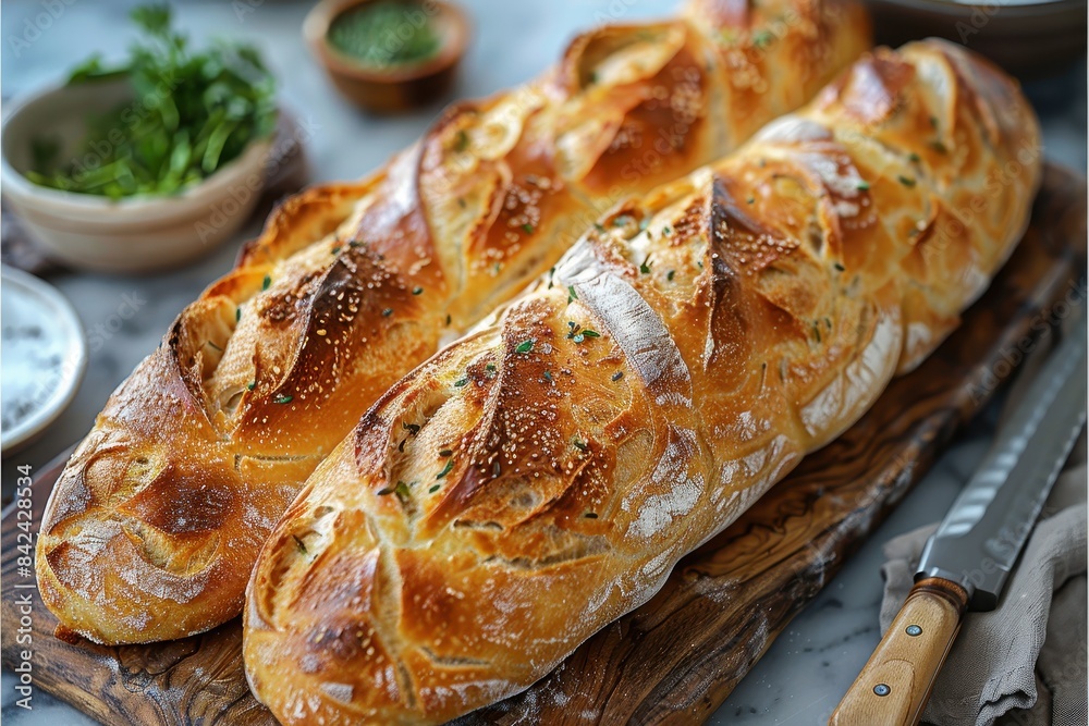 Baguette A classic French baguette, crispy and golden on the outside, soft and airy on the inside. Displayed on a wooden cutting board with a bread knife. Baguette A classic French baguette, crispy and golden on the outside, soft and airy on the inside. Displayed on a wooden cutting board with a bread knife.