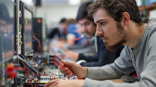 Group of young engineers working intensely on a tech project in a lab environment