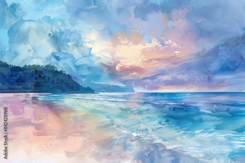 A panoramic view of a serene beach at dawn, saturated with pastel shades of blue and pink, captured in a watercolor wash technique,