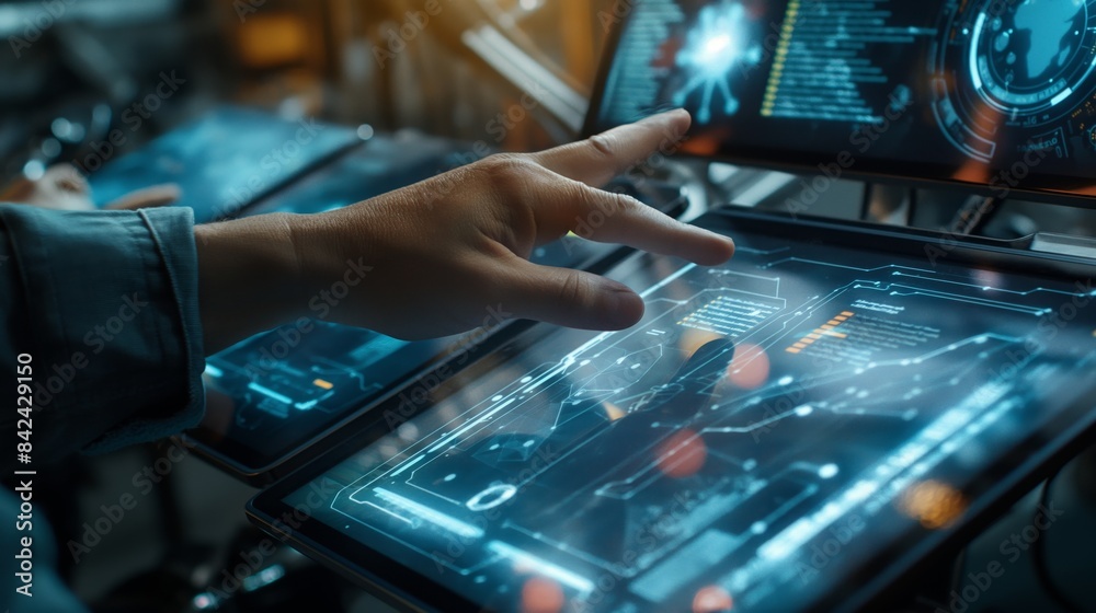 A close-up of a person's hand interacting with a futuristic, holographic touchscreen interface full of data A close-up of a person's hand interacting with a futuristic, holographic touchscreen interface full of data