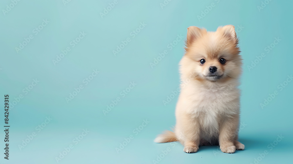 A cute Pomeranian puppy sitting on a solid pastel blue background with space above for text. Generative AI illustration A cute Pomeranian puppy sitting on a solid pastel blue background with space above for text. Generative AI illustration