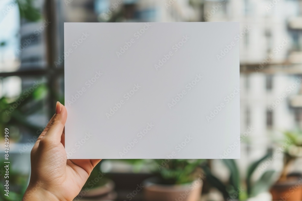 Blank paper mockup on hand created with generative AI Blank paper mockup on hand created with generative AI