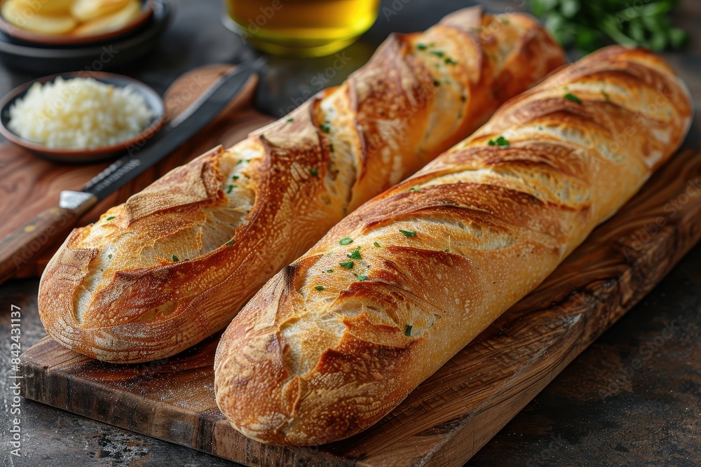 Baguette A classic French baguette, crispy and golden on the outside, soft and airy on the inside. Displayed on a wooden cutting board with a bread knife. Baguette A classic French baguette, crispy and golden on the outside, soft and airy on the inside. Displayed on a wooden cutting board with a bread knife.