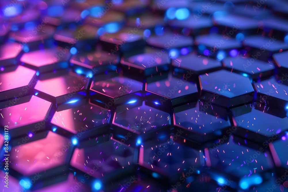 A vibrant pattern of hexagons with glowing blue lights,
