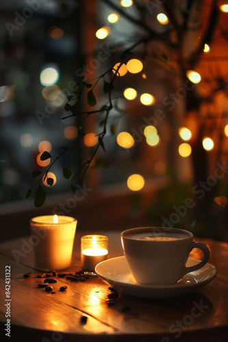 Evening coffee with a warm  dimly lit environment  possibly including candles or soft lighting for a relaxed atmosphere 