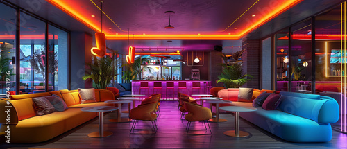 Stylish lounge with neon ceiling lights and modern seating