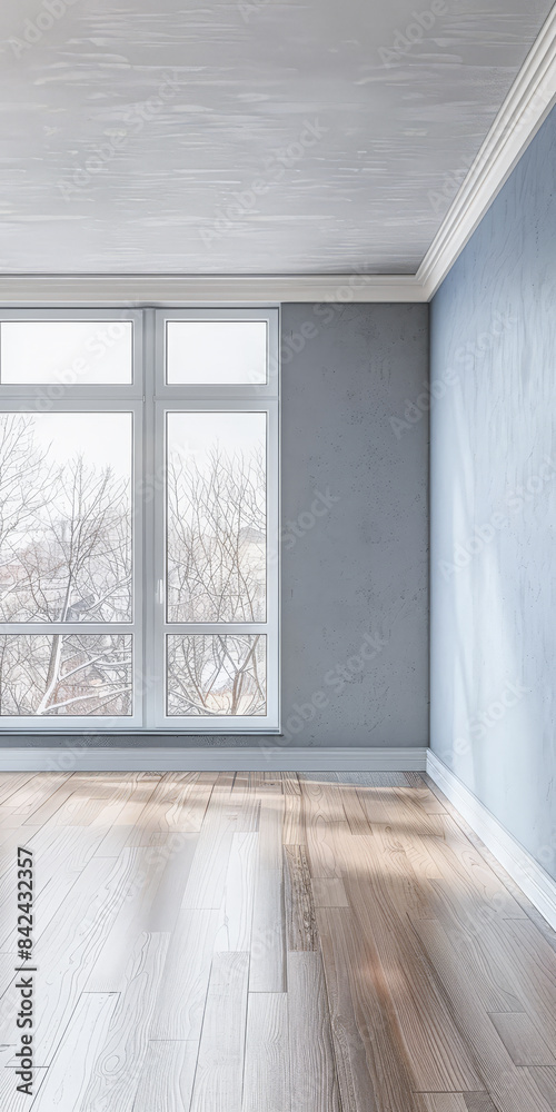 Fototapeta premium Empty room interiors with natural lighting coming from a window in a minimalist interior design composition with copy space.