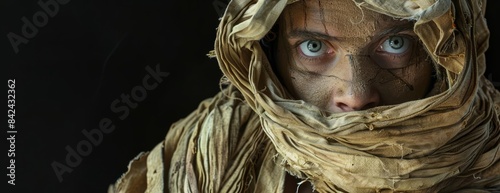 Eye-level angle portrait, young man, wrapped in ancient, tattered mummy attire, eerie clamber acting pose, isolated black background, stark lighting, hyper-realistic detail, photorealistic finish