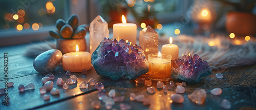 Tarot card deck surrounded by crystals and candles