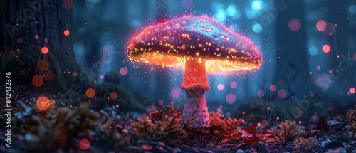 Tall bioluminescent mushroom glowing vibrantly in the dark, dense forest © Starkreal