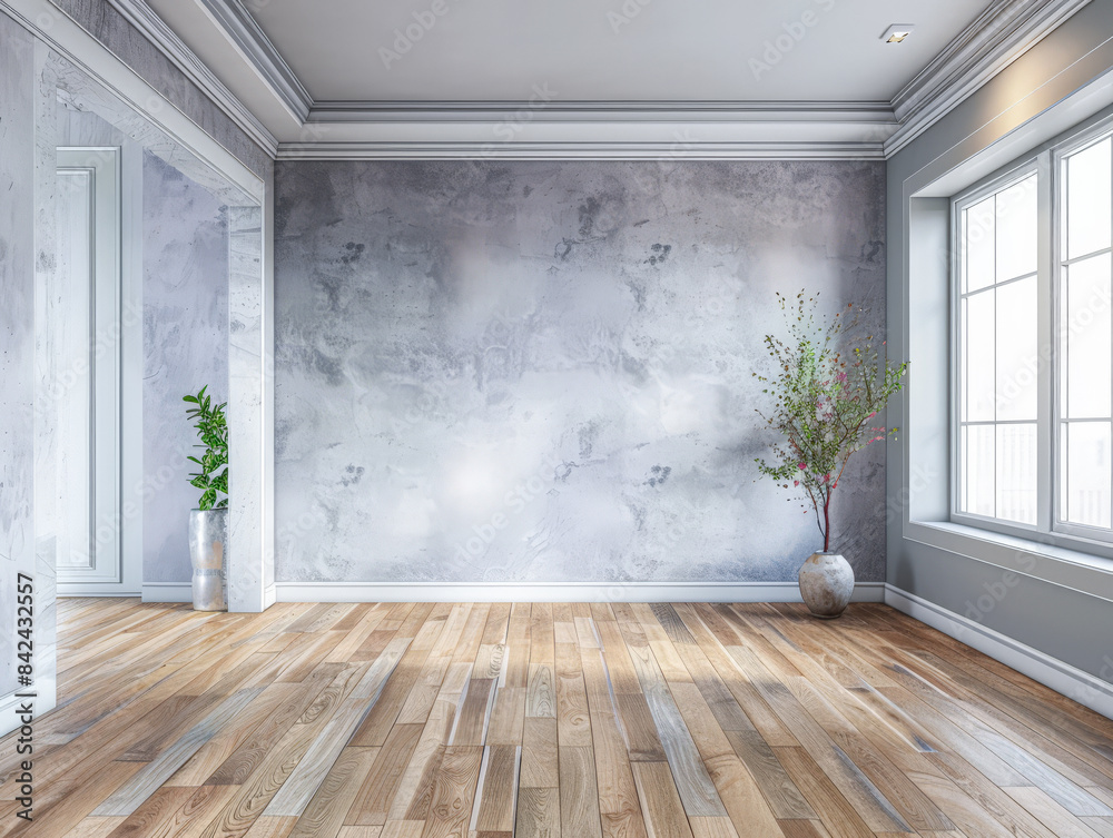Obraz premium Empty room interiors with natural lighting coming from a window in a minimalist interior design composition with copy space.