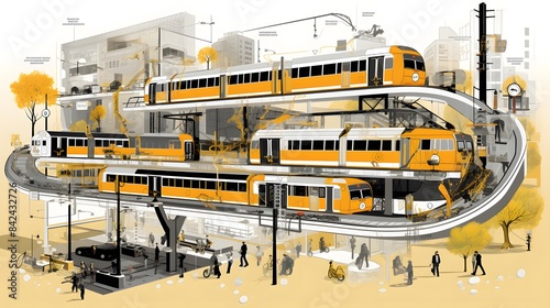 Illustration of a train in the city on a white background. © Michelle