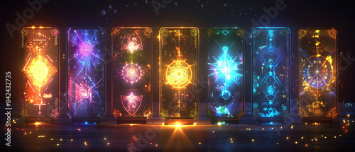 Tarot card deck with illuminated patterns and glowing symbols © Starkreal