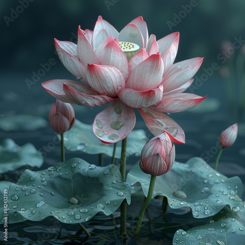 Exquisite 3D Lotus Flower with Seed Pod and Leaves in Stunning 8K HD Realism photo