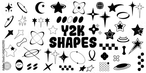 Set of Y2K bling retro elements and abstract brutalism shapes. Hipster graphic objects for logo, icon, web design. Modern vector illustration isolated on white background