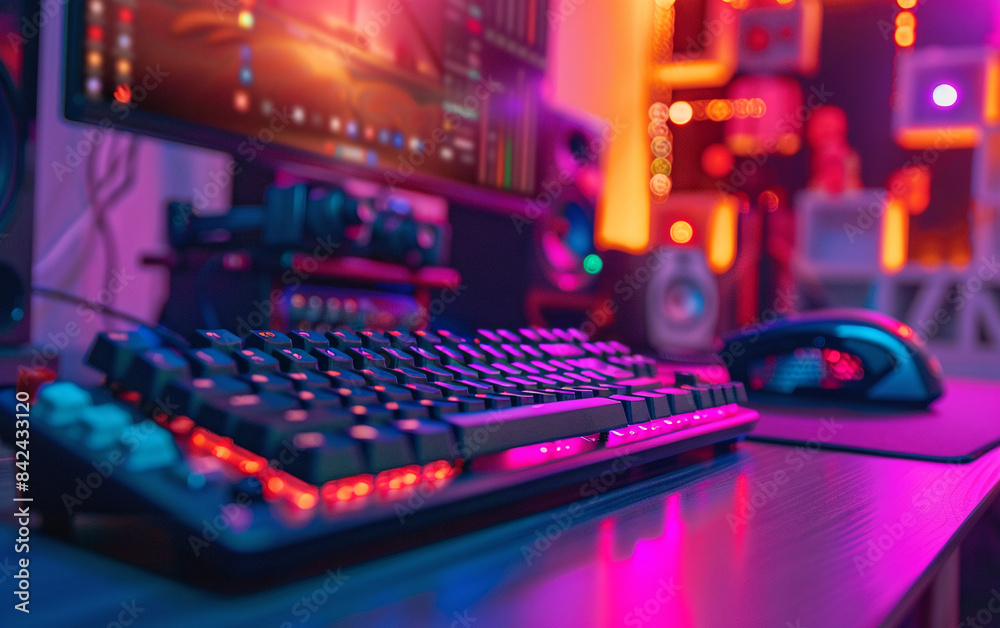 Gamer's place. Computer desk with gaming keyboard, mouse and monitor. RGB lighting. Dark room with dim neon lighting. Pink blue light Gamer's place. Computer desk with gaming keyboard, mouse and monitor. RGB lighting. Dark room with dim neon lighting. Pink blue light