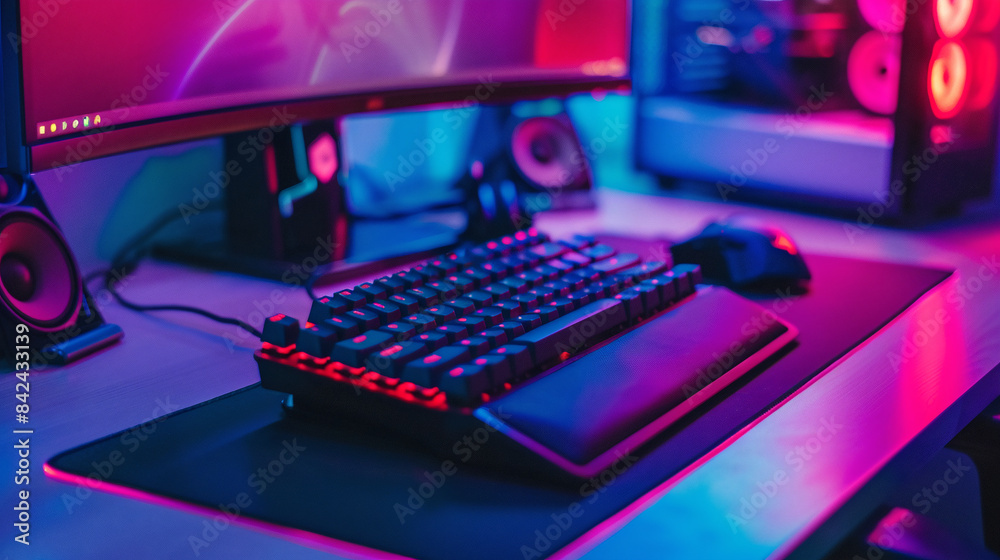 Gamer's place. Computer desk with gaming keyboard, mouse and monitor. RGB lighting. Dark room with dim neon lighting. Pink blue light Gamer's place. Computer desk with gaming keyboard, mouse and monitor. RGB lighting. Dark room with dim neon lighting. Pink blue light