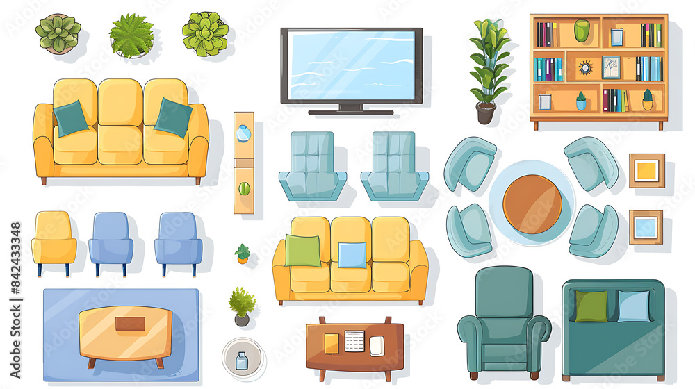 Top view of living room interior with sofa, chair and tv screen. Vector cartoon set of furniture for lounge room with couch, coffee table, bookshelf and plants isolated on white background Top view of living room interior with sofa, chair and tv screen. Vector cartoon set of furniture for lounge room with couch, coffee table, bookshelf and plants isolated on white background