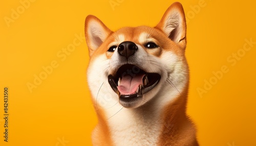 Cheerful shiba inu dog smiling on colorful background with copy space, japanese canine portrait © Inna