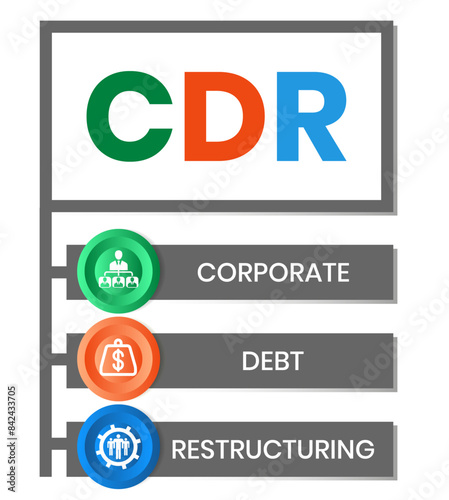 CDR. CORPORATE DEBT RESTRUCTURING acronym. Concept with keyword and icons. Flat vector illustration. Isolated on white.