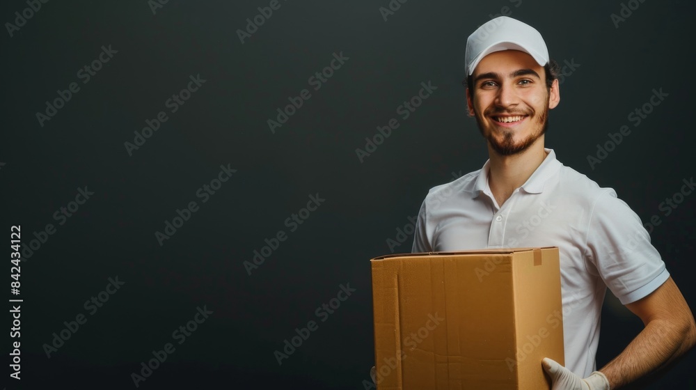 Smiling Delivery Man Holding a Cardboard Box against an Black Background Smiling Delivery Man Holding a Cardboard Box against an Black Background