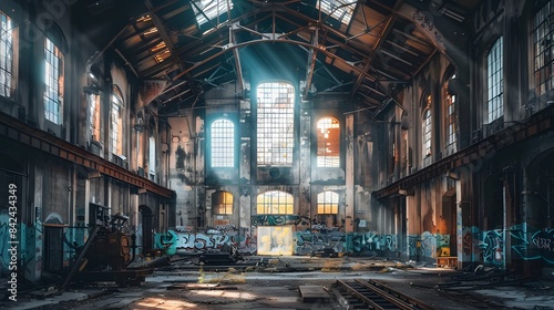 Abandoned Industrial Building with Sunlight Streaming Through Windows
