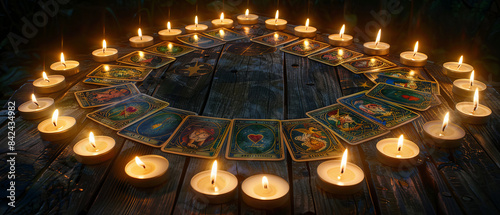 Tarot cards arranged in a horseshoe spread with candles