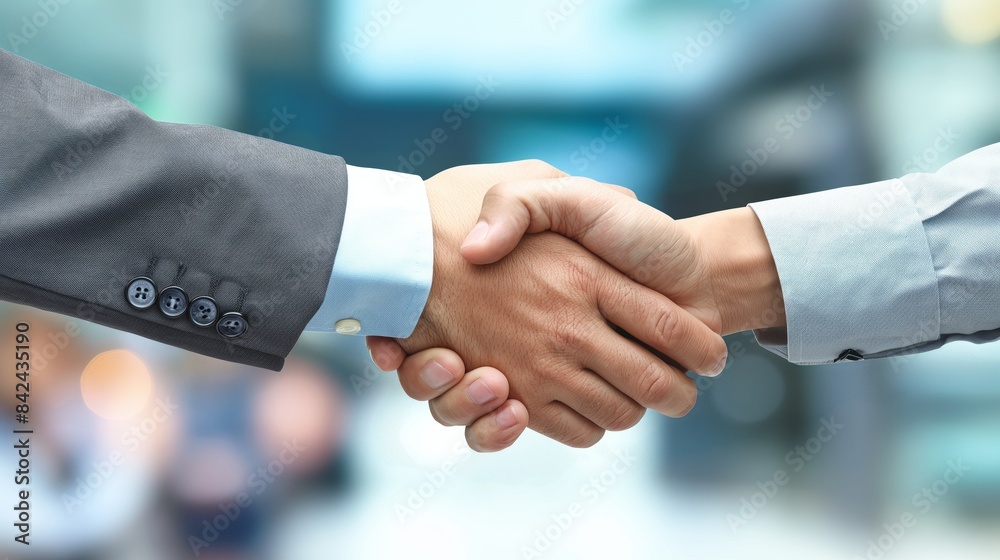Two professionals in formal attire engaging in a firm handshake with office background Two professionals in formal attire engaging in a firm handshake with office background