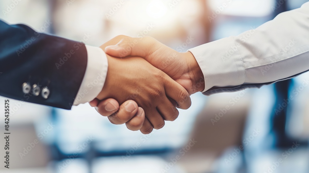 Two individuals in suits shaking hands in a professional setting, indicating a deal or agreement Two individuals in suits shaking hands in a professional setting, indicating a deal or agreement