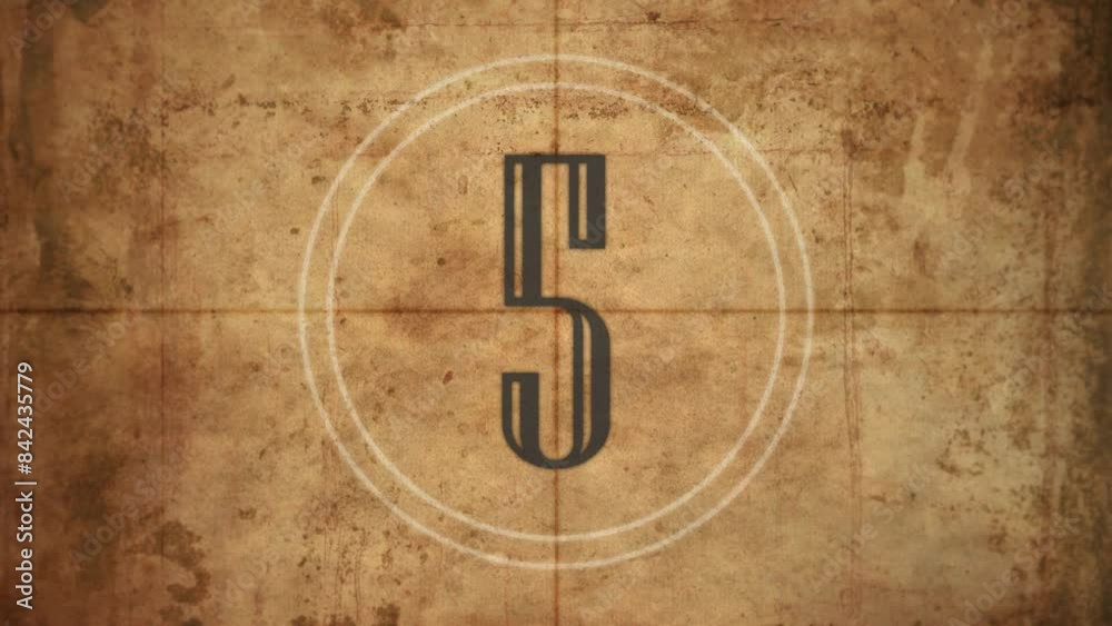 Realistic vintage old movie countdown intro animation - sepia toned with film shake and dust and scratches.