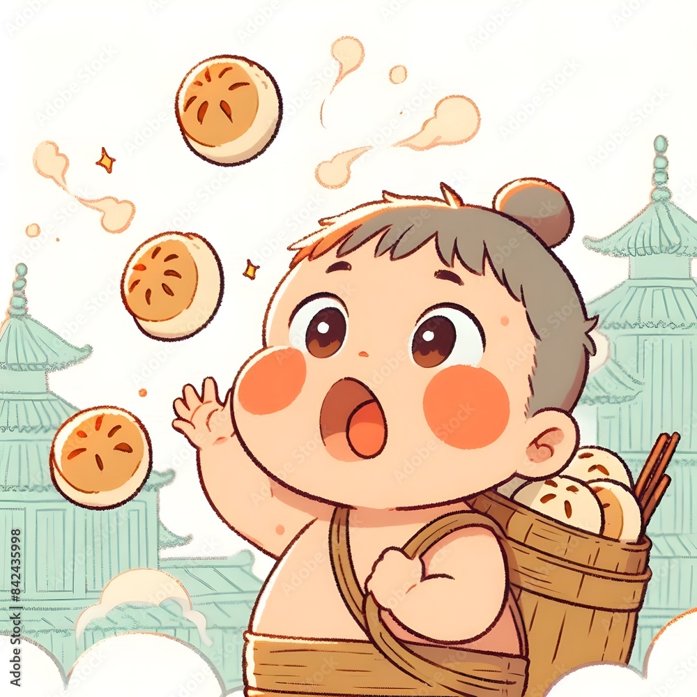 Fototapeta premium Little boy playing with steamed pork buns