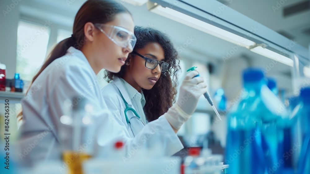 Two focused female scientists conducting research in a modern laboratory, showcasing teamwork and innovation Two focused female scientists conducting research in a modern laboratory, showcasing teamwork and innovation