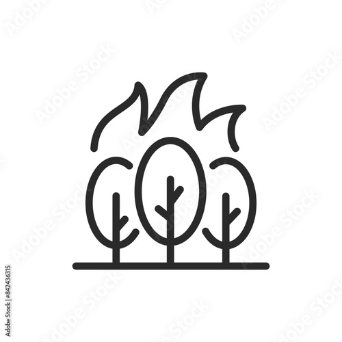Forest fire, linear style icon. Trees on fire, wildfires and natural disasters. Editable stroke width.