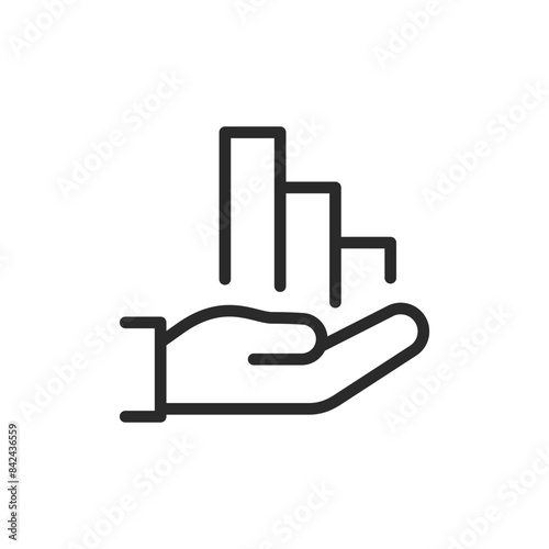 Bar graph in hand, linear style icon. data management or support. Editable stroke width.