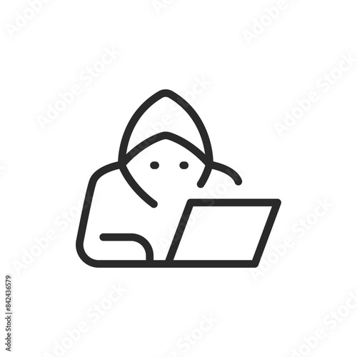 Person in a hood using a laptop, linear style icon. hacker or cybercrime. Editable stroke width.