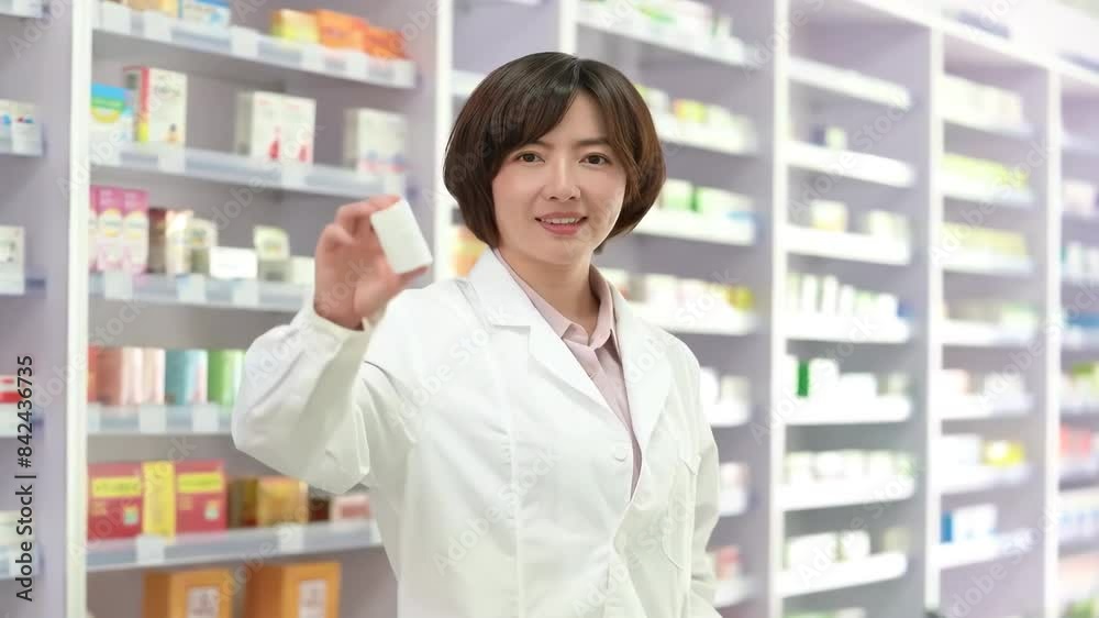 Smiling pharmacists is recommending or explain the use of medicines or dietary supplements to customers who buy medicines in pharmacy store drug Smiling pharmacists is recommending or explain the use of medicines or dietary supplements to customers who buy medicines in pharmacy store drug