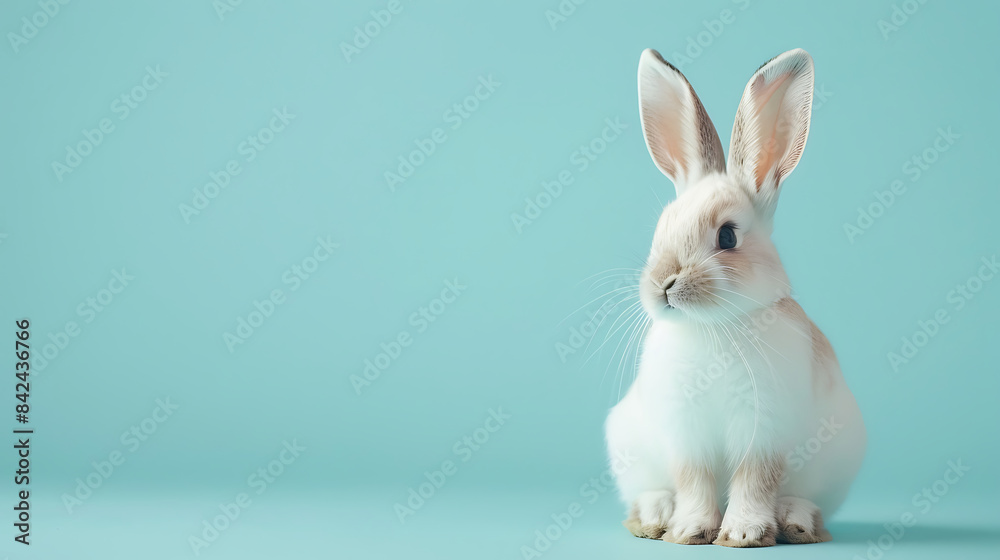 A cute rabbit sitting on a solid pastel light blue background with space above for text. Generative AI illustration 