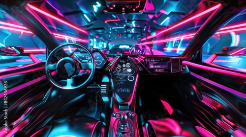 A concept car interior with futuristic holographic displays and neon accent lighting, creating a sleek and modern ambiance