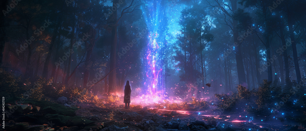 The dark forest illuminated by the vibrant glow of a tall bioluminescent mushroom The dark forest illuminated by the vibrant glow of a tall bioluminescent mushroom