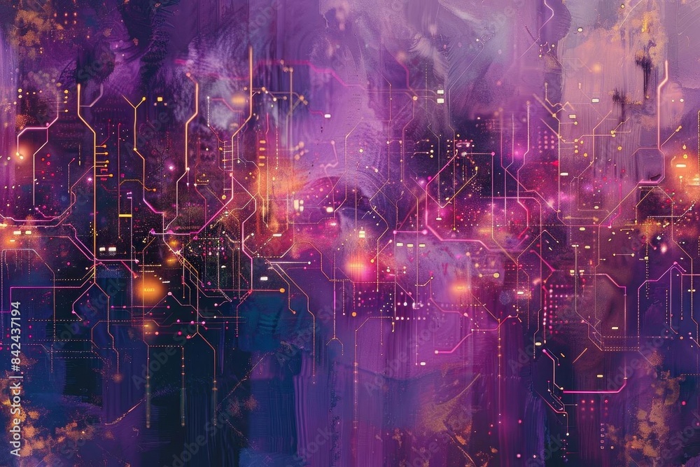 Fototapeta premium Abstract expression of digital connectivity, featuring circuitlike patterns and vibrant neon lights to symbolize the digital age