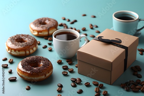 Father's Day Breakfast Gift Idea with Coffee, Donuts, and Gift Box on Blue Background