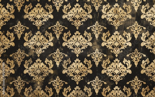 A damask pattern with intricate gold and black motifs, adding a touch of elegance and sophistication to walls and floors photo