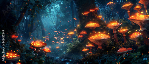 The dark forest illuminated by the vibrant glow of a tall bioluminescent mushroom © Starkreal