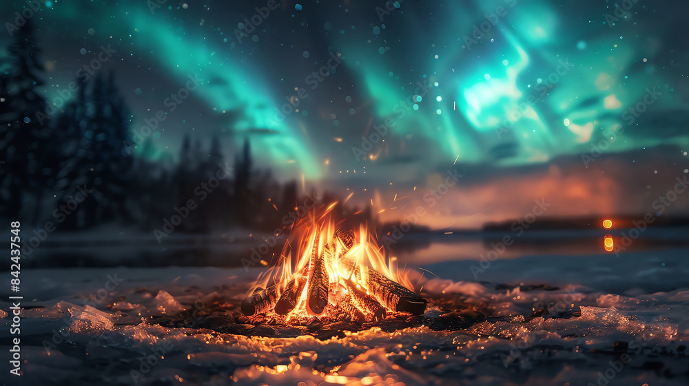 A campfire crackles under a breathtaking display of the Northern Lights. The flames dance against the backdrop of a starry sky and a snowy landscape.